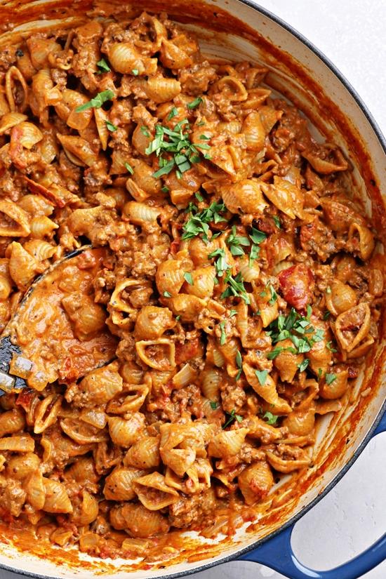 Non Dairy Hamburger Helper in a blue skillet.
