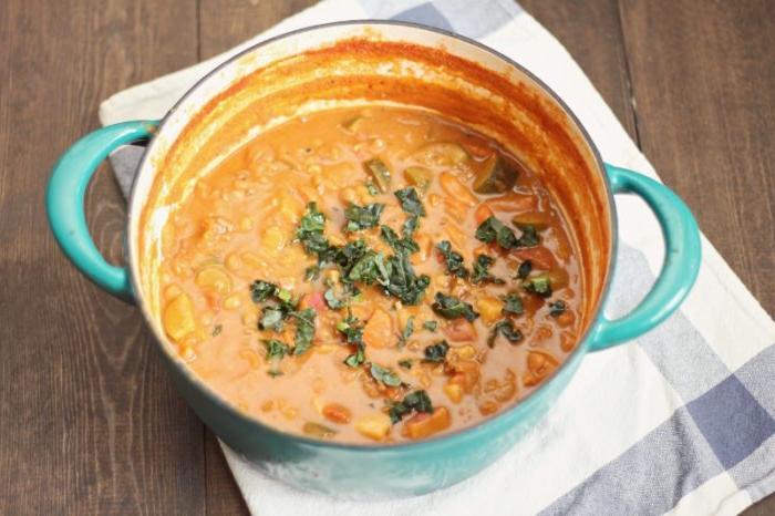 overhead photo of a pot of bean and beef stew topped with herbs on a white and blue towel