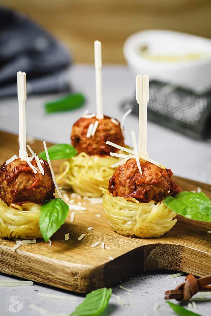 A trio of Mini Spaghetti Nests and Italian Meatballs Appetizer