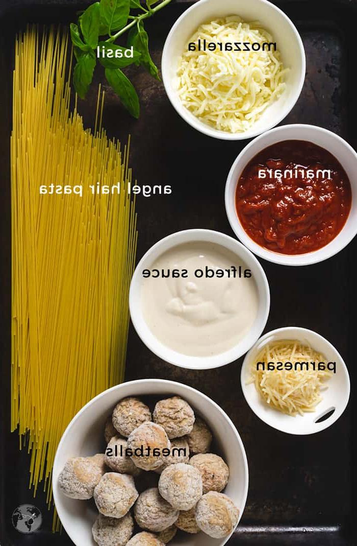 Ingredients for spaghetti and meatball appetizer.