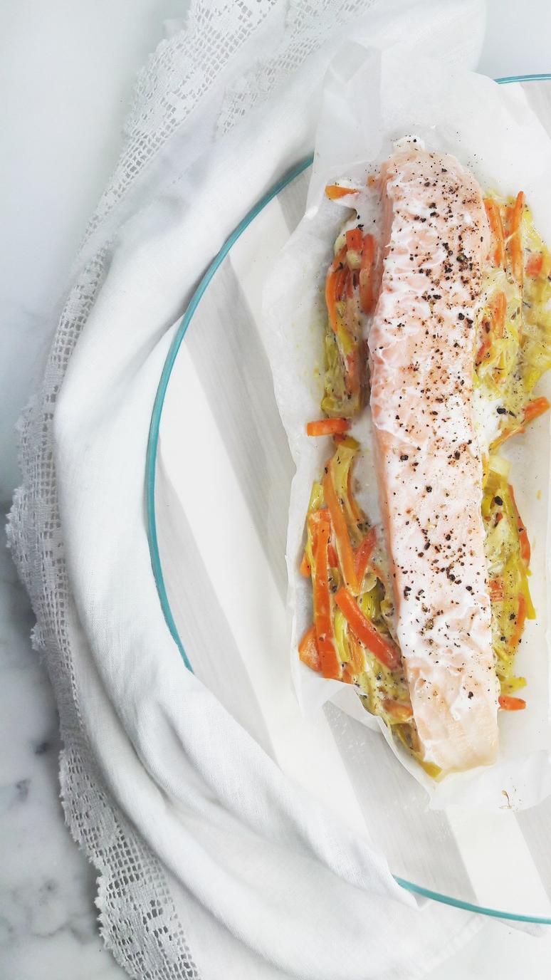 salmon leeks and carrots baked in parchment paper! Preparing salmon in parchment paper cooks it perfectly every time. | ahedgehoginthekitchen.com