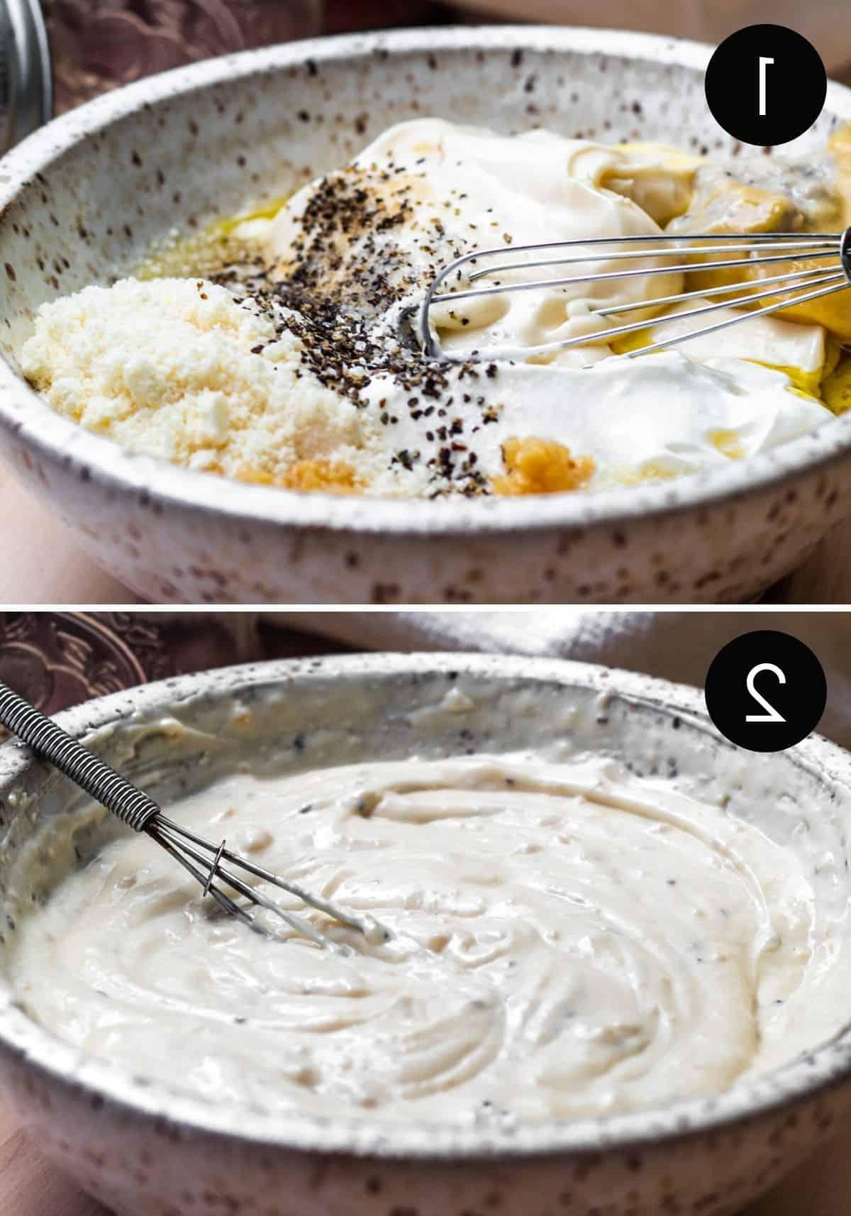 Prep image collage showing dressing being prepped and whisked in white bowl.