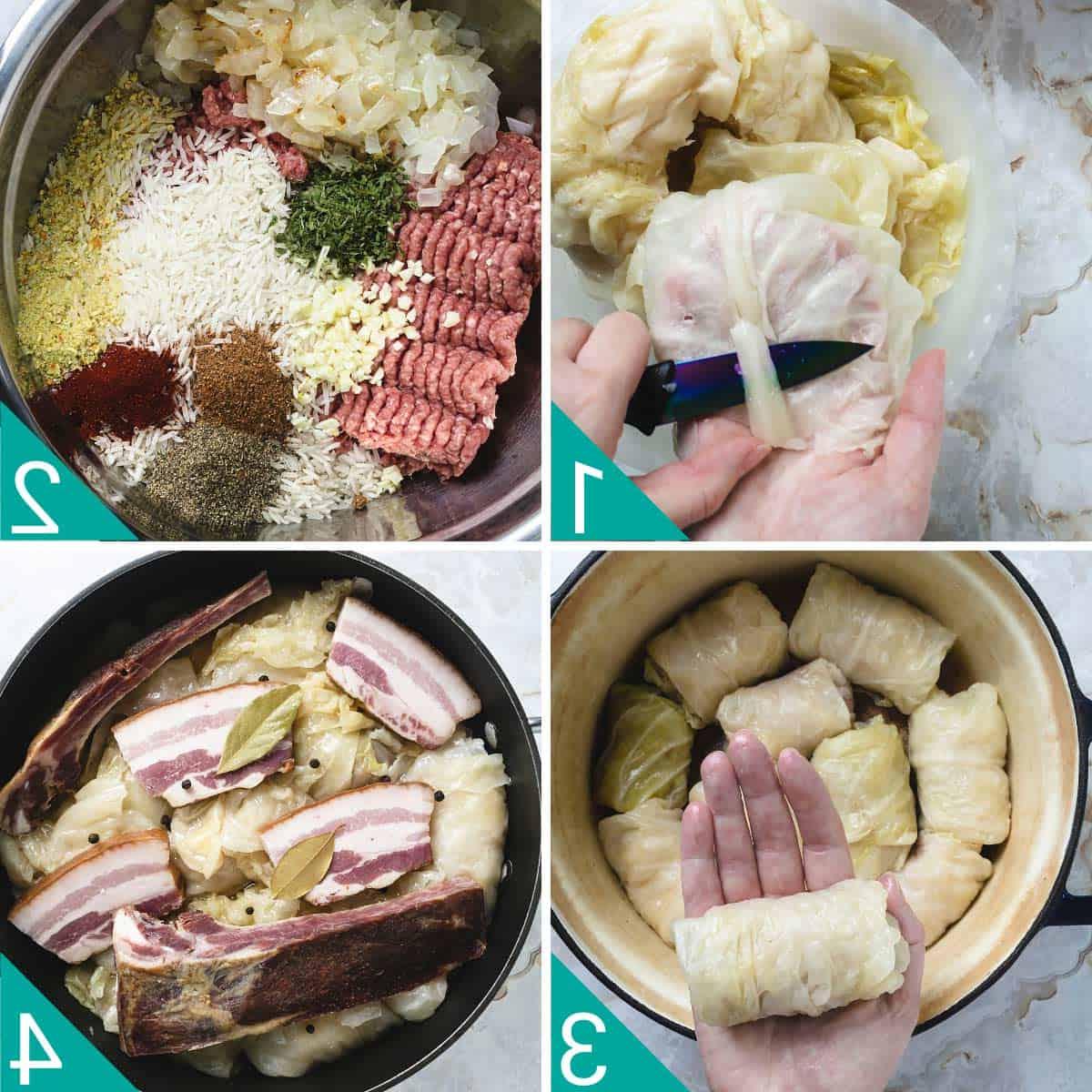 Four-step photo of prepping the leaves, making the meat stuffing, making rolls, and covering them with smoked meat.